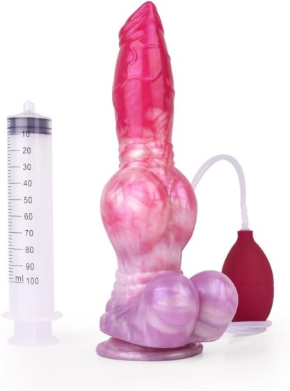 BeHorny Squirting Dildo Sex Toy, Liquid Silicone Alien/Fido/Animal Dildo with Suction Cup, Pump & Syringe Included